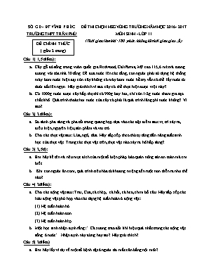 Đề thi chọn học sinh giỏi Sinh học 11 (Có đáp án) - Năm học 2016-2017 - Trường THPT Trần Phú